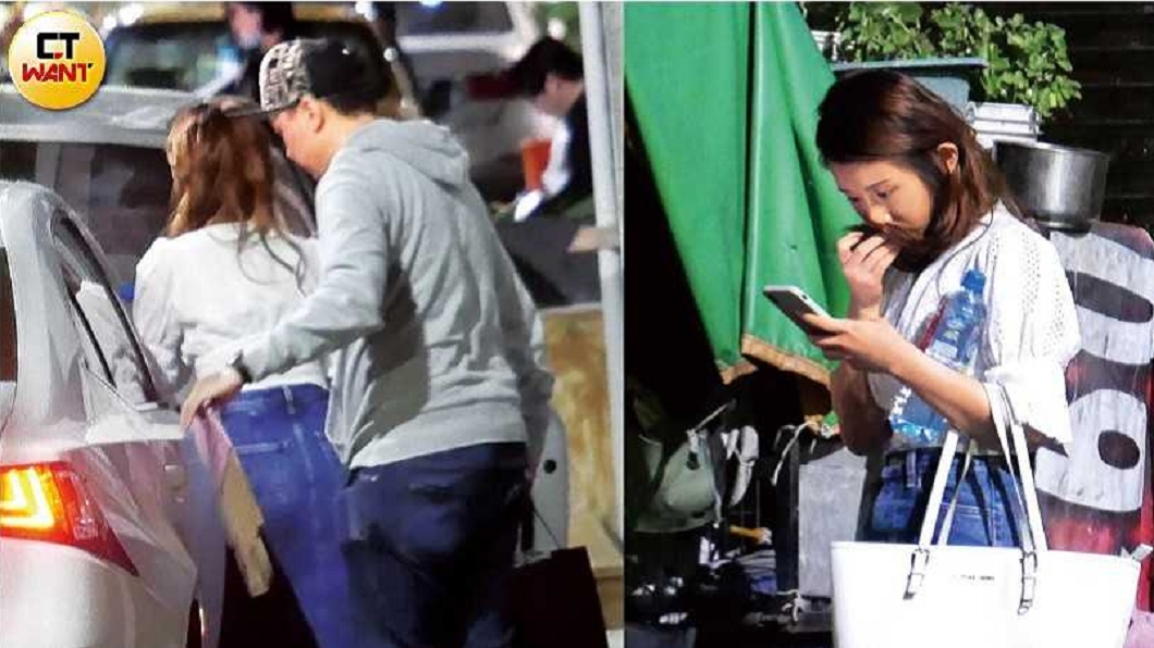 雞排妹,一邊滑手機邊聞著自己的髮香,接著一名頭戴潮帽的男子開車來接她,上車前還幫忙開車門。(圖/CTWANT授權使用)