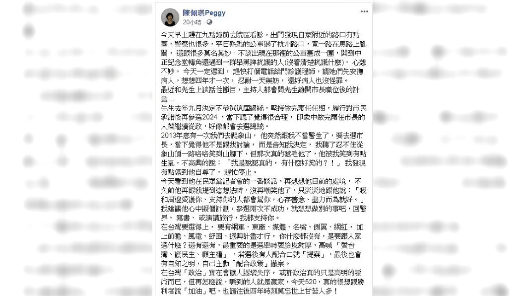 陳佩琪20日晚間在臉書發文。(圖／翻攝自陳佩琪臉書)