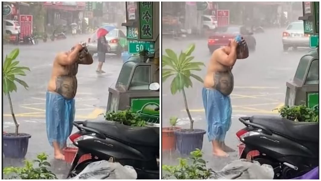 雨彈襲擊男淡定在「雨中洗頭」 網讚:有故事的男人