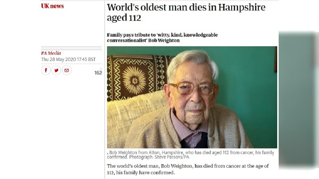 金氏世界紀錄最長壽男性過世 英人瑞享嵩壽112歲