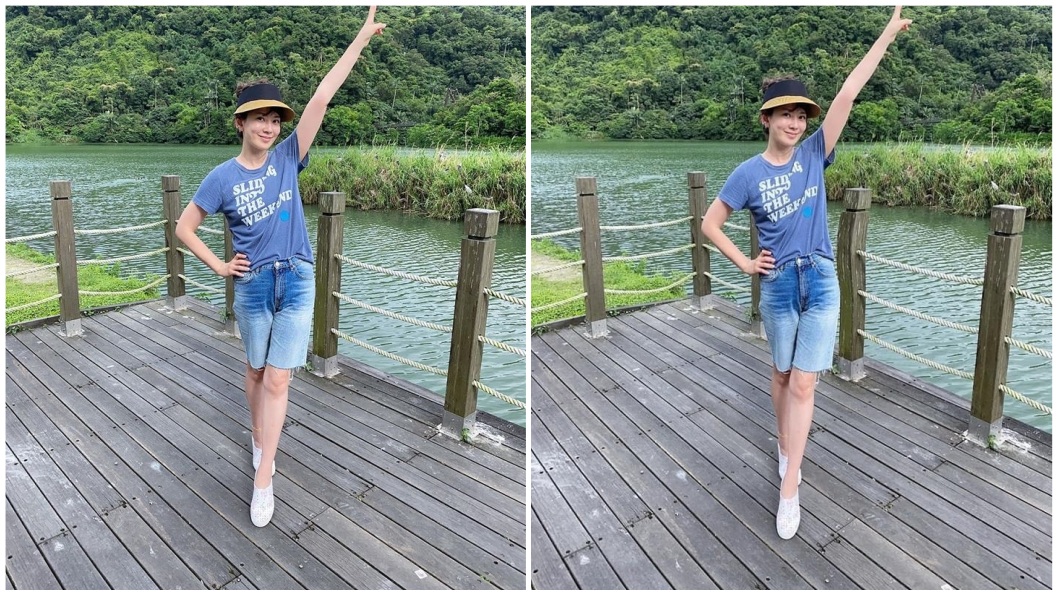 日前Melody分享出遊照時,被網友抓包修圖修過頭,身後的柱子整個歪掉。(圖/翻攝自臉書粉絲團「Melody時尚媽咪」和PTT合成)