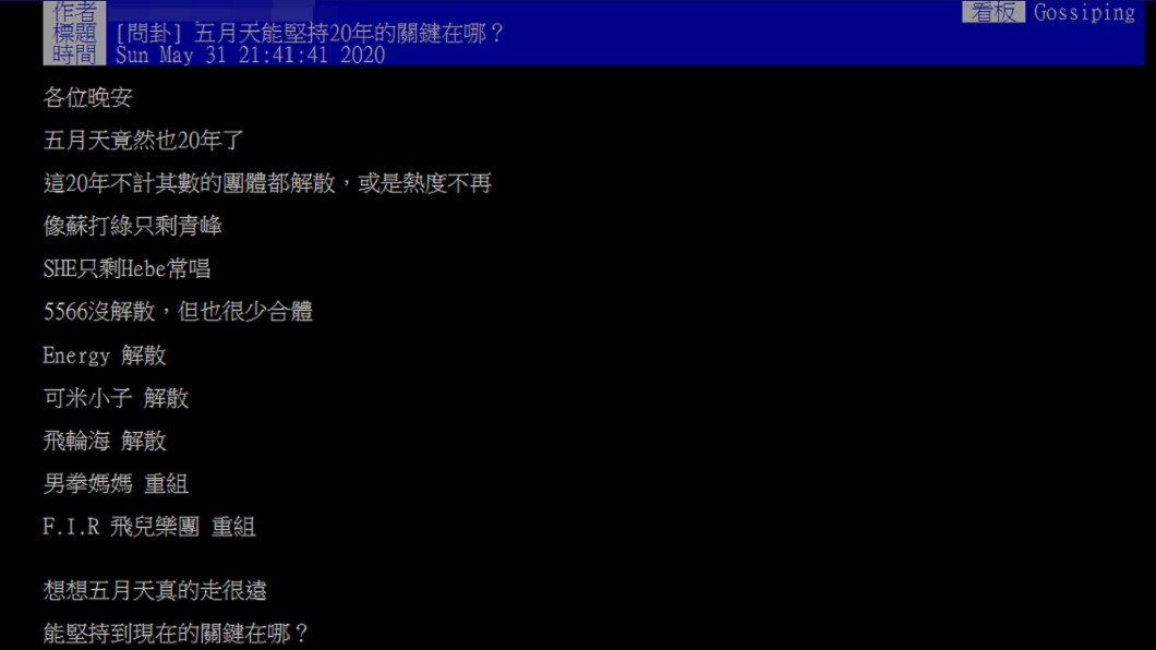 網友在PTT提問五月天堅持20年的關鍵。(圖/翻攝自PTT)