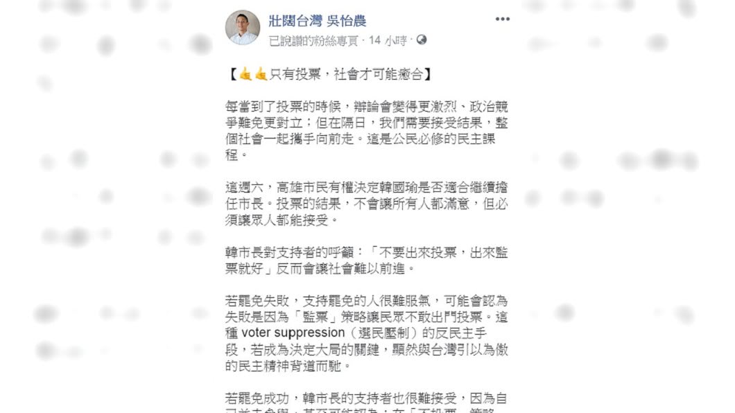 吳怡農認為「只有投票,社會才可能癒合」。(圖/翻攝自壯闊台灣 吳怡農臉書)