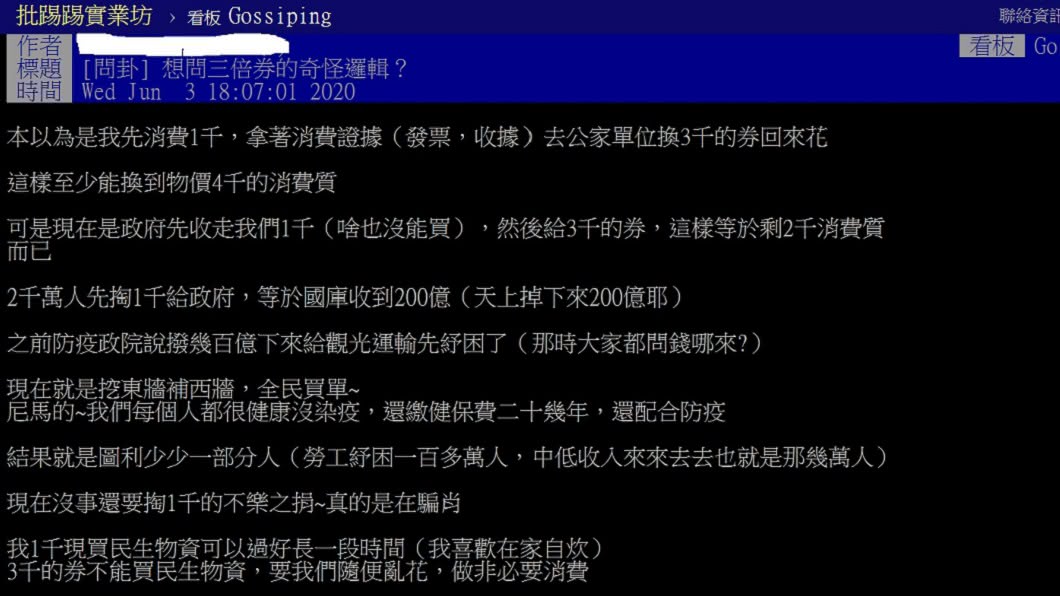 一名網友3日在PTT八卦版上以「想問三倍券的奇怪邏輯?」為題發文。(圖/翻攝自PTT八卦版)