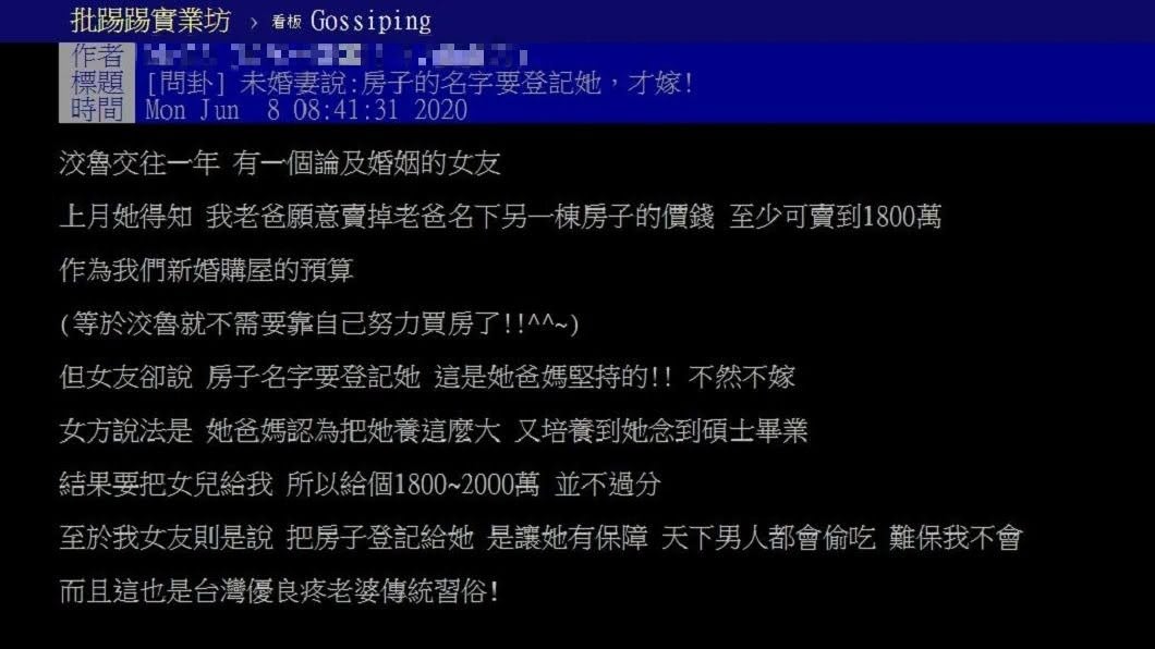 1名男網友分享,準岳父母要求把價值1800萬的房子必須登記在她女兒名下,才願意讓她嫁人。(圖/翻攝自PTT)