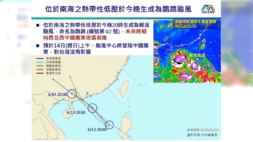 氣象局預估鸚鵡颱風在14號週日登陸廣東,對台灣沒有影響。(圖/翻攝自中央氣象局)
