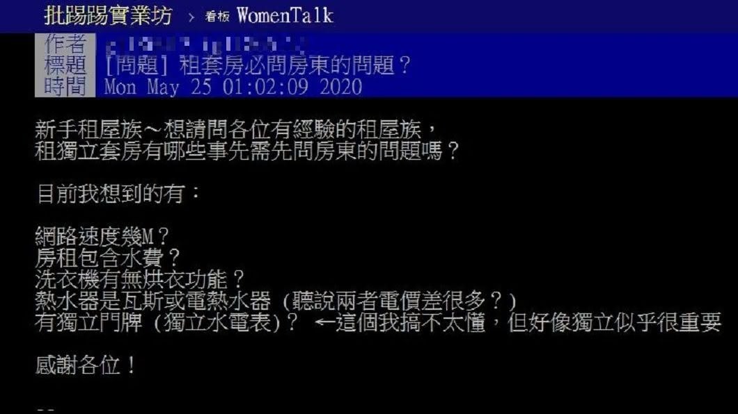有網友好奇發問租套雅房時需要必問房東哪些問題。(圖/翻攝自PTT)
