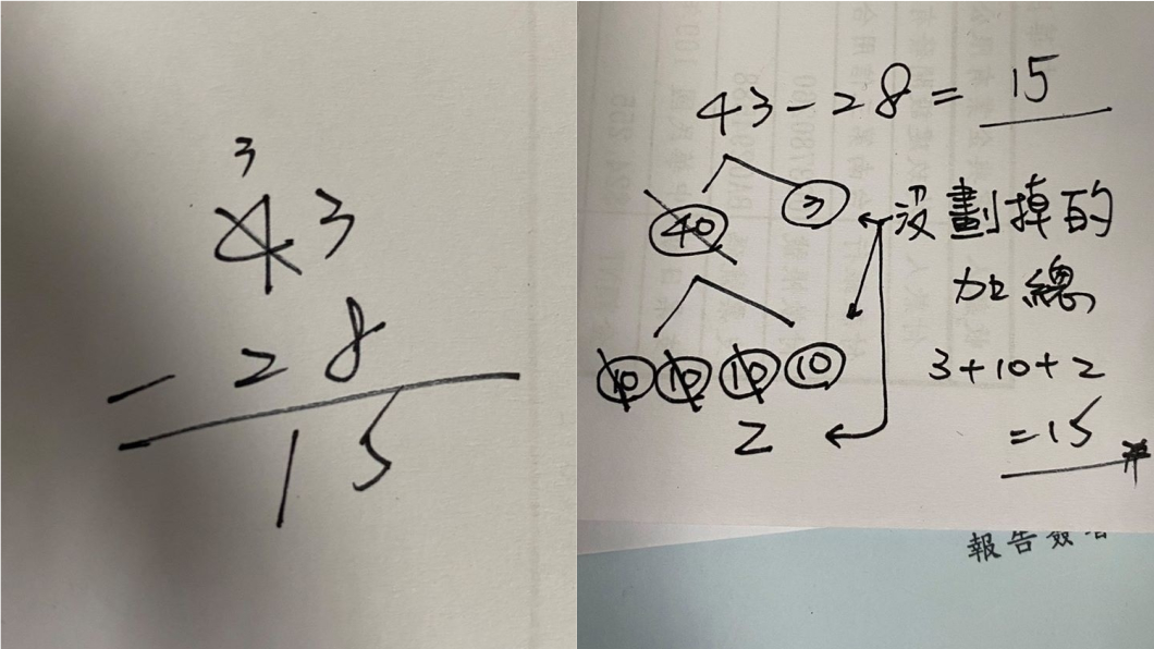 (左)直式算法、(右)建構式數學算式。(圖/翻攝自臉書「爆廢公社」)