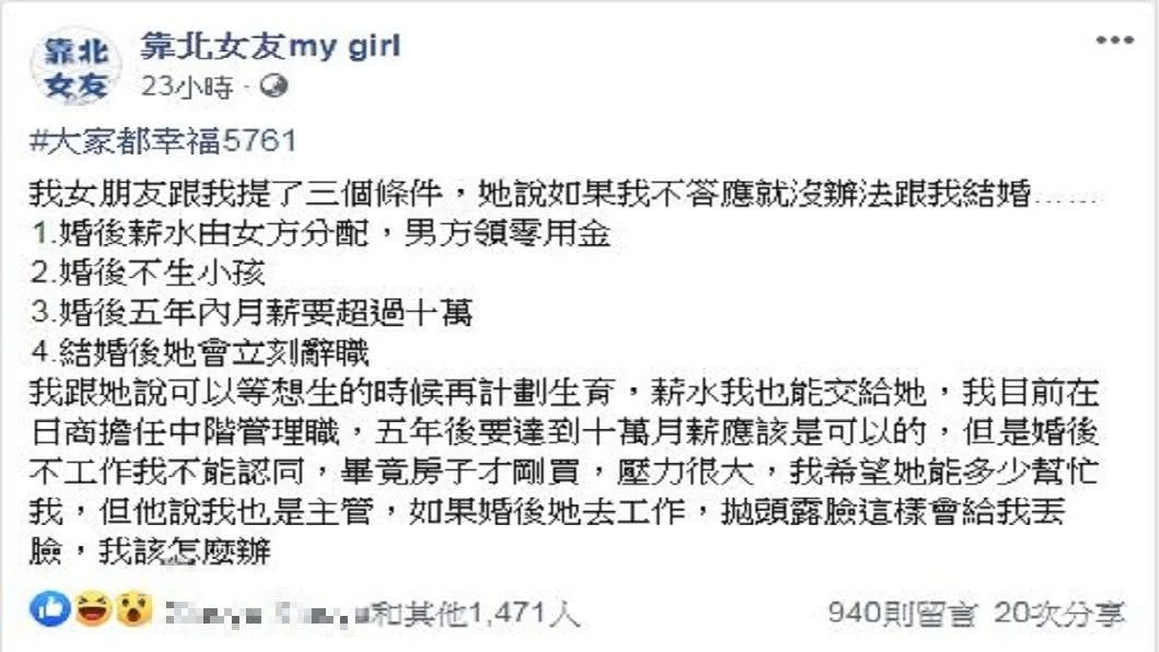 有男網友分享女友開出4個條件才願意和他結婚。（圖／翻攝自靠北女友臉書粉絲團）
