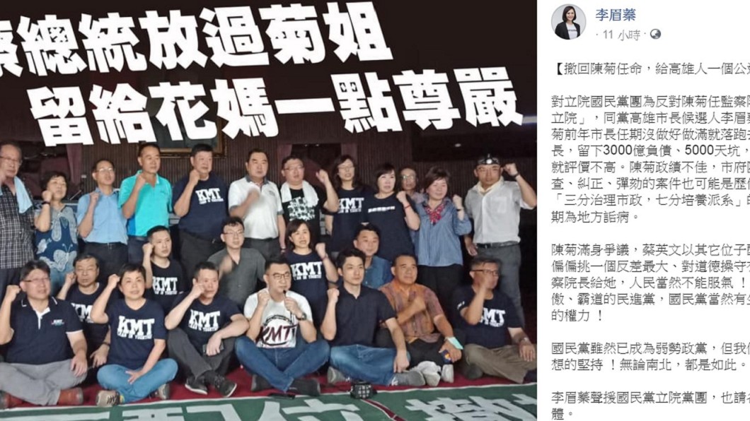 李眉蓁發文聲援國民黨團。(圖/翻攝自李眉蓁臉書)