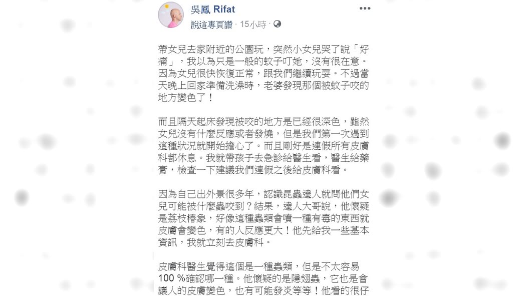 吳鳳發文敘述帶女兒就醫的過程。（圖／翻攝自吳鳳臉書）