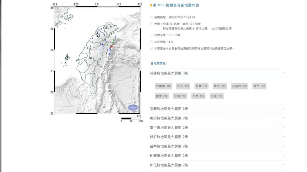 11:24花蓮近海發生4.8地震　最大震度達3級