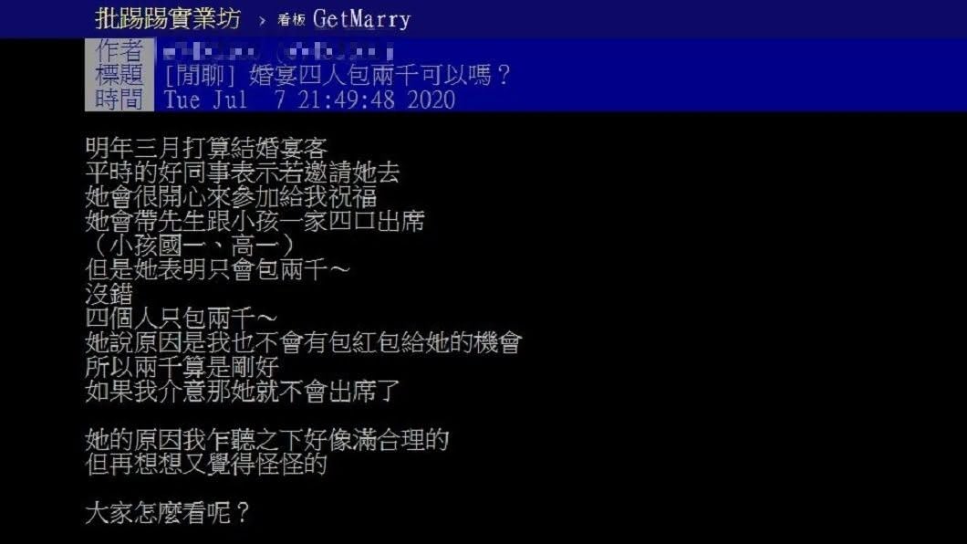 女網友提到同事直接表明4個人去包2千,這讓她有些疙瘩。(圖/翻攝自PTT)