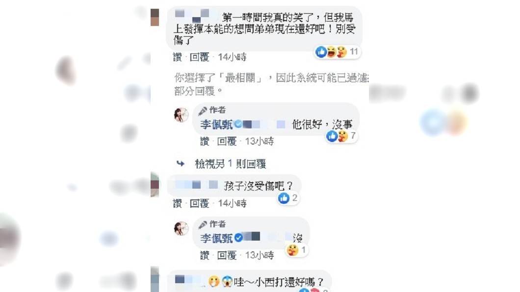網友發文關心小西打情況,佩甄親自回應兒子沒事。(圖/翻攝自李佩甄臉書)