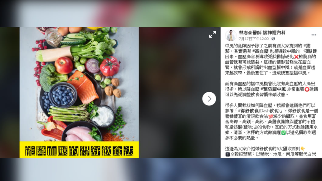 醫生建議參考「得舒飲食法」預防腦血管疾病。(圖/翻攝自林志豪醫師 腦神經內科 臉書)