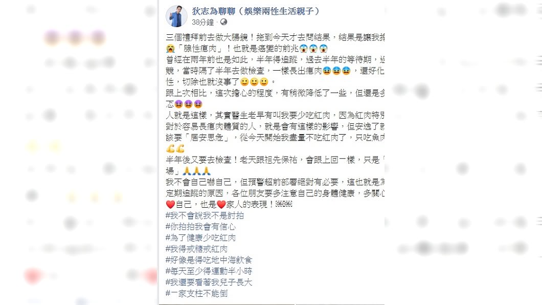 狄志為發文透露病況。(圖/翻攝自狄志為聊聊(娛樂兩性生活親子)臉書)