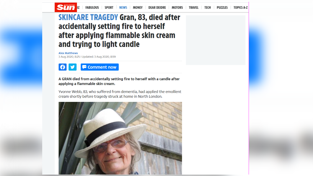 英國83歲婦人擦護膚霜點蠟燭,意外引火上身。(圖/翻攝自《The Scottish Sun》)