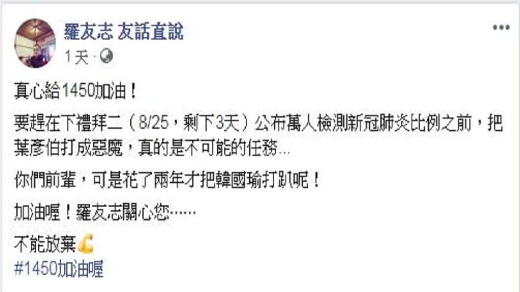 葉彥伯連日來遭網友出征，名嘴羅友志發文反酸這些1450。（圖／翻攝自羅友志臉書）
