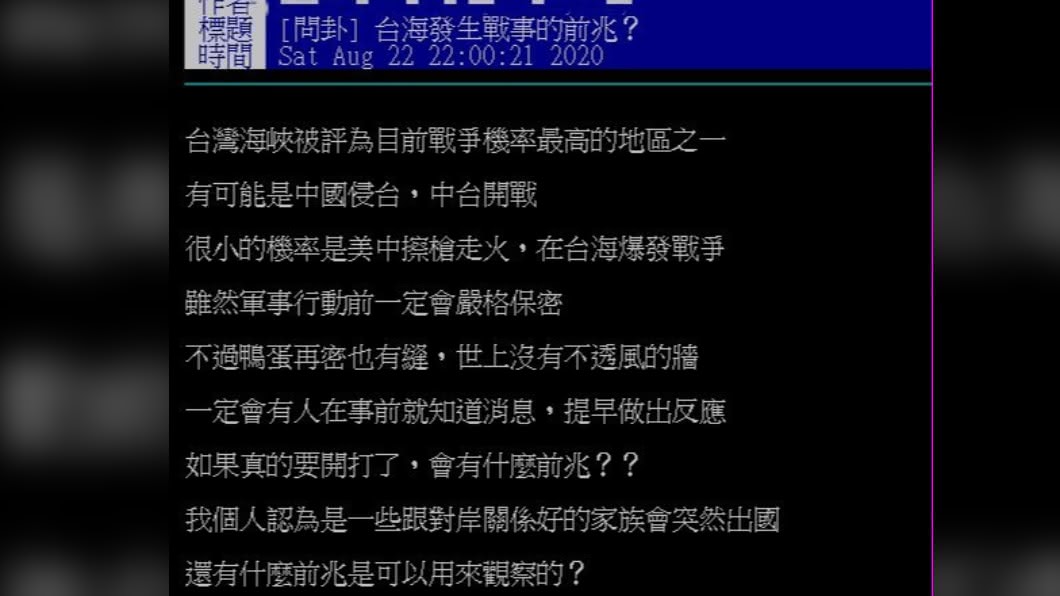 網友提問台海開戰前有什麼前兆?(圖/翻攝自PTT)
