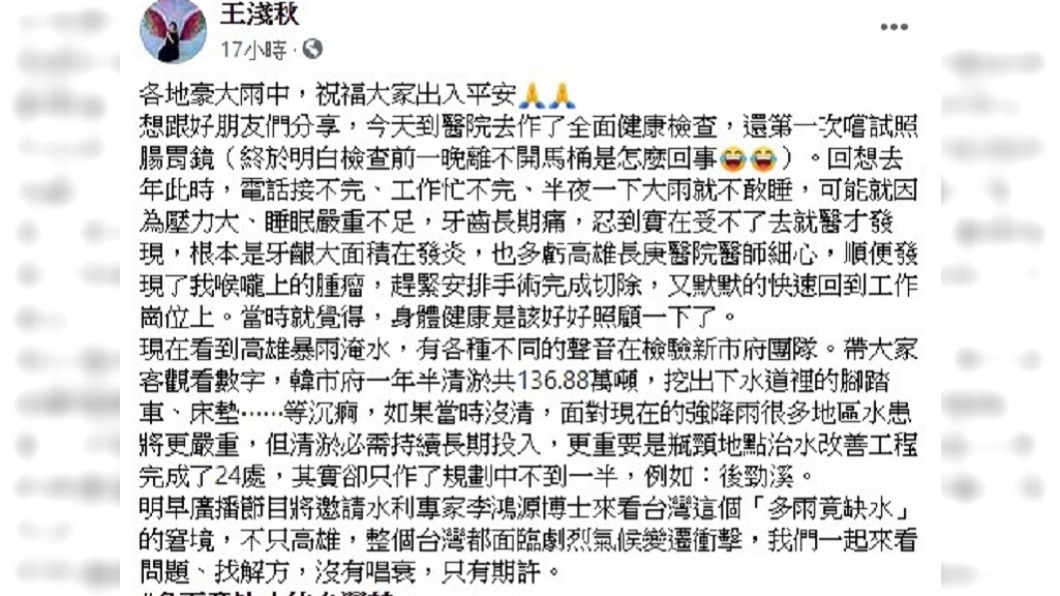 王淺秋見高雄淹水有感而發。(圖/翻攝自王淺秋臉書)