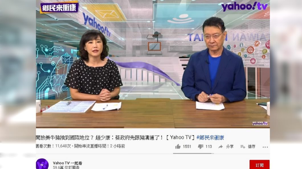 趙少康在節目中評論政府開放美豬議題。(圖/翻攝自Yahoo TV 一起看YouTube)