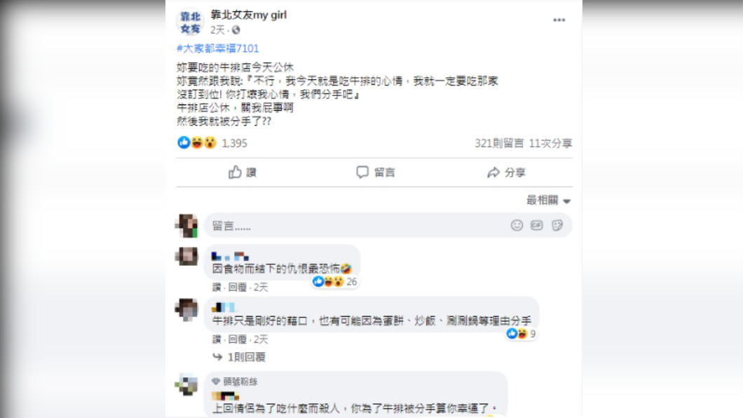 網友的女友因吃不到牛排而提出分手。(圖/翻攝自靠北女友my girl臉書)
