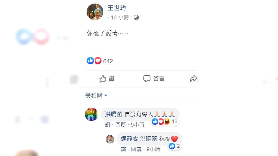 洪曉蕾在前夫放閃文底下留言。(圖/翻攝自王世均臉書)