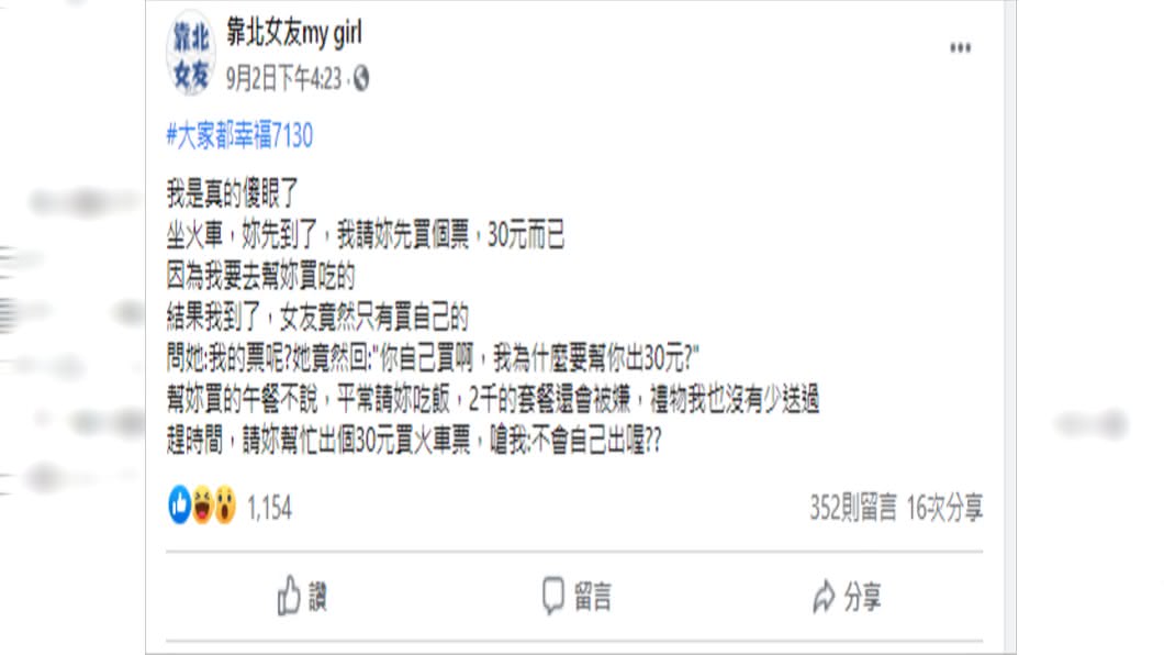 男子心寒PO文。(圖/翻攝自臉書靠北女友my girl)