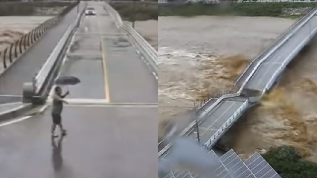 命懸一線!他喊「別過來」徒手擋車 暴漲河水沖斷橋