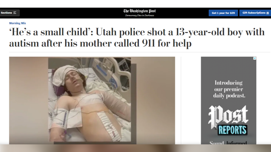 美國一名亞斯伯格症少年遭警開槍射擊。(圖/翻攝自《華盛頓郵報》)