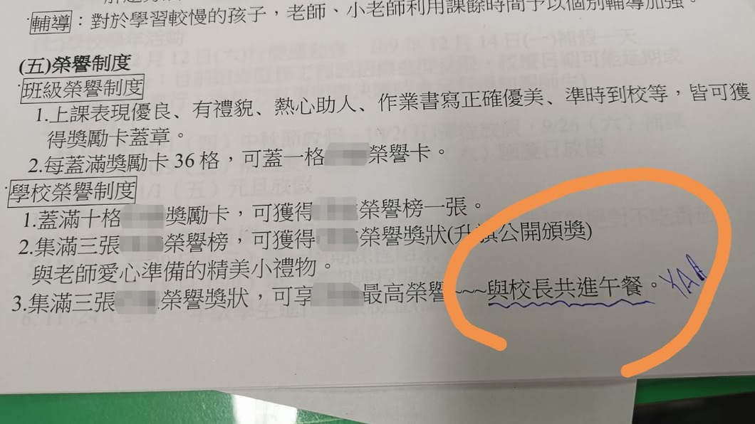網友PO出孩子學校的獎勵制度。(圖/翻攝自爆廢公社公開版)