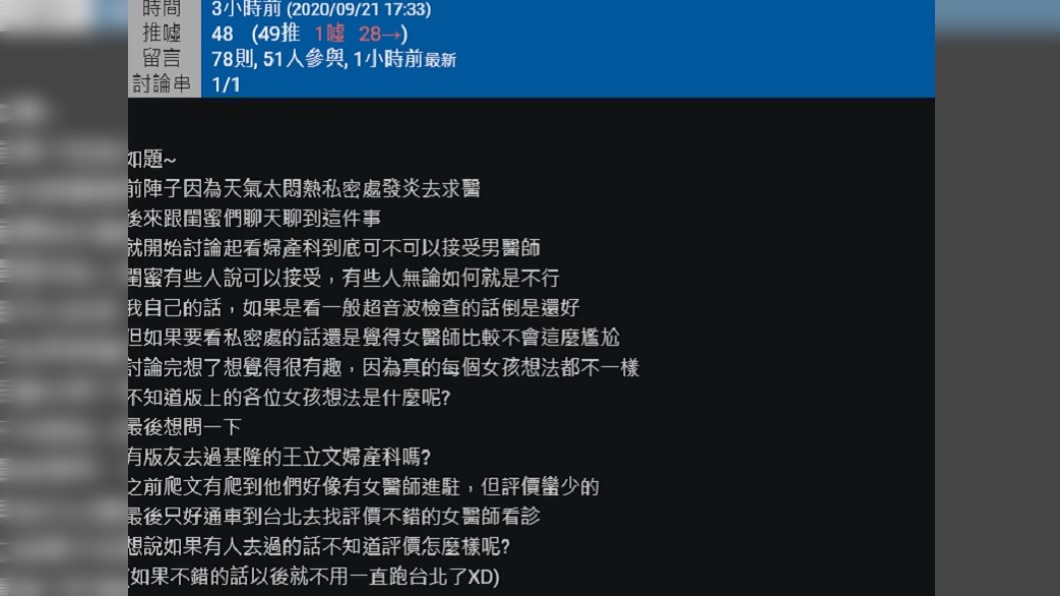 女網友好奇女孩們求診婦產科時，能不能接受給男醫師看診。（圖／翻攝自PTT）