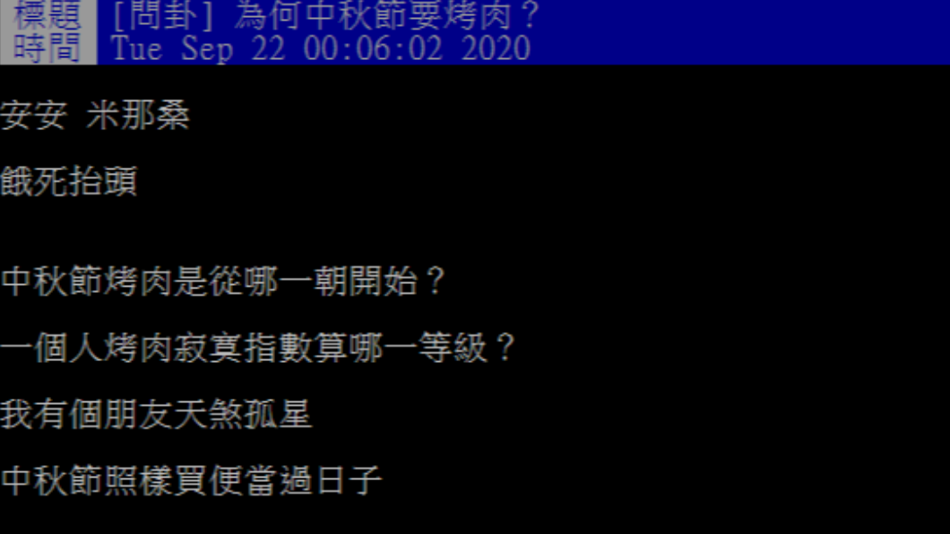 網友好奇為何台灣每到中秋節都要烤肉?(圖/翻攝自PTT)
