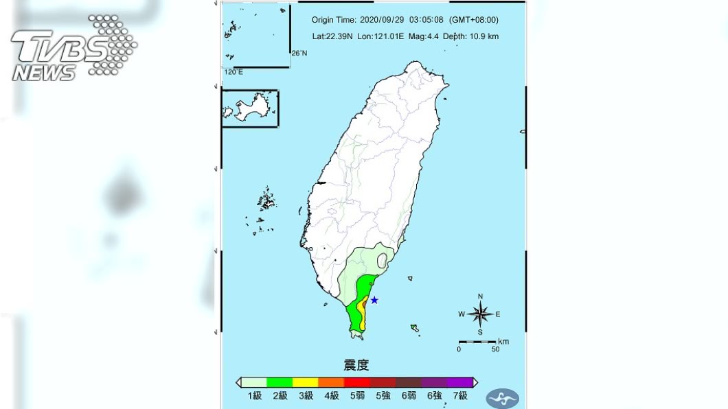台灣東南部海域地震，規模達4.4。（圖／翻攝自中央氣象局）