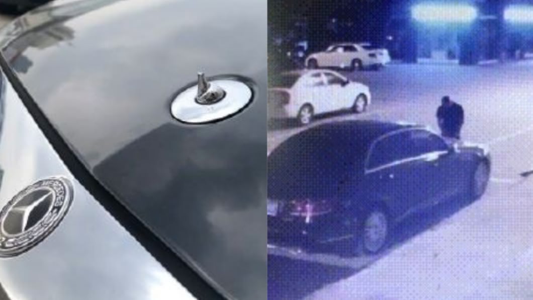 嫌犯使用老虎鉗拆下車頭上的車標。（圖／翻攝自微博）