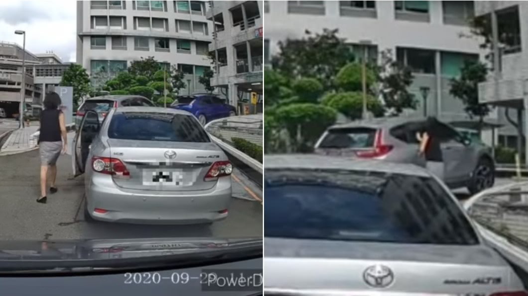 女駕駛下車拍車窗,插隊車輛視若無睹。(圖/翻攝自「爆怨公社」)