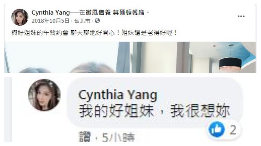 楊麗菁臉書動態出現2年前的今天和劉真的合照和發文,讓她忍不住也在底下留言直呼:很想妳。(圖/翻攝自楊麗菁臉書)