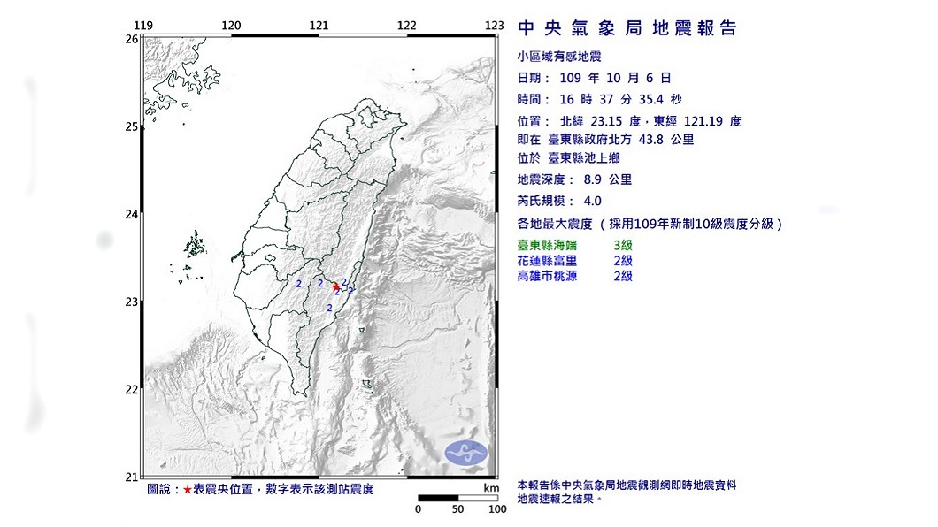 台東地震規模4.0 最大震度3級