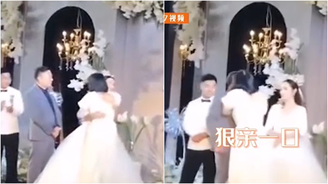 河南一名伴娘上秒擁抱新娘,下一秒突然強吻新郎。((圖/翻攝自獵七視頻)