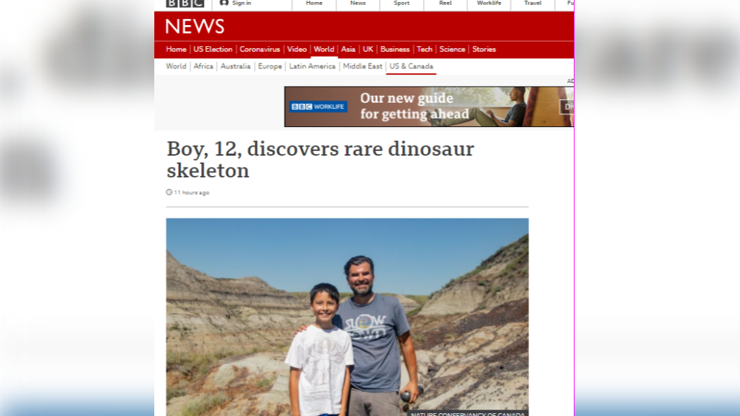 加拿大一名男童與父親在登山時發現恐龍化石。(圖/翻攝自《BBC》)