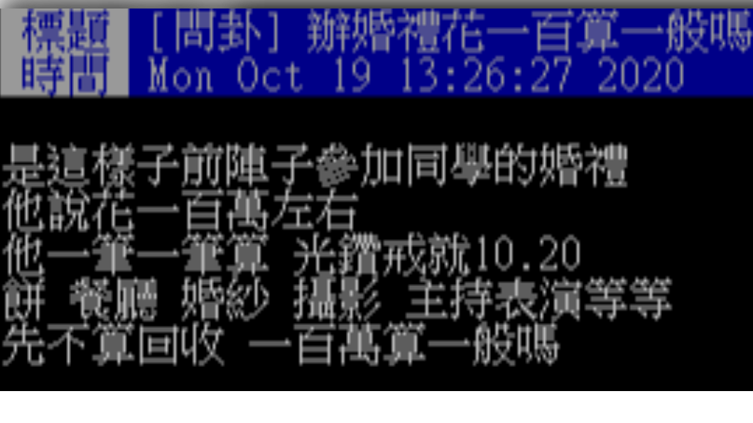 網友訝異婚禮需花上100萬元。（圖／翻攝自PTT）