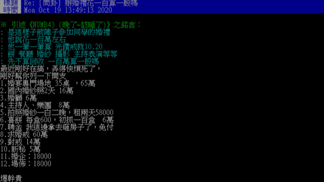 貼文釣出正在籌辦婚禮的新人分享結婚花費。（圖／翻攝自PTT）