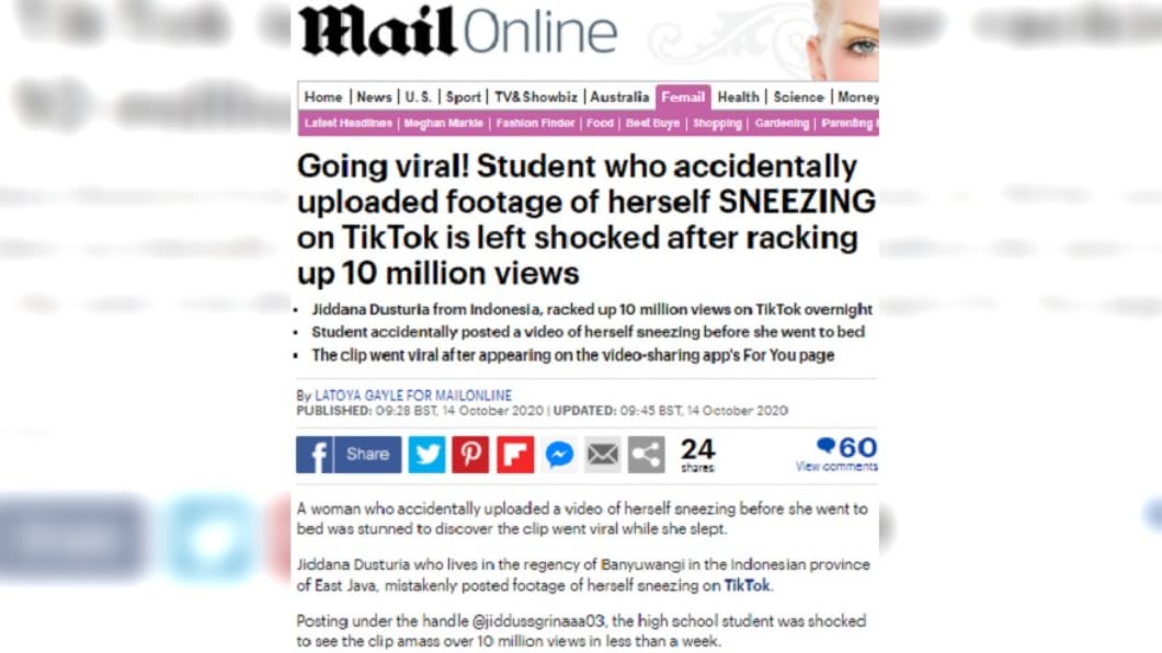 媒體報導一名少女誤傳「打噴嚏」影片上網遭到瘋傳。（圖／翻攝自Mail Online）
