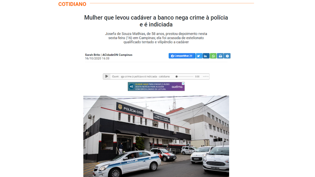 巴西一名女子帶屍體出門領取退休金。(圖/翻攝自ACidade ON Campinas)