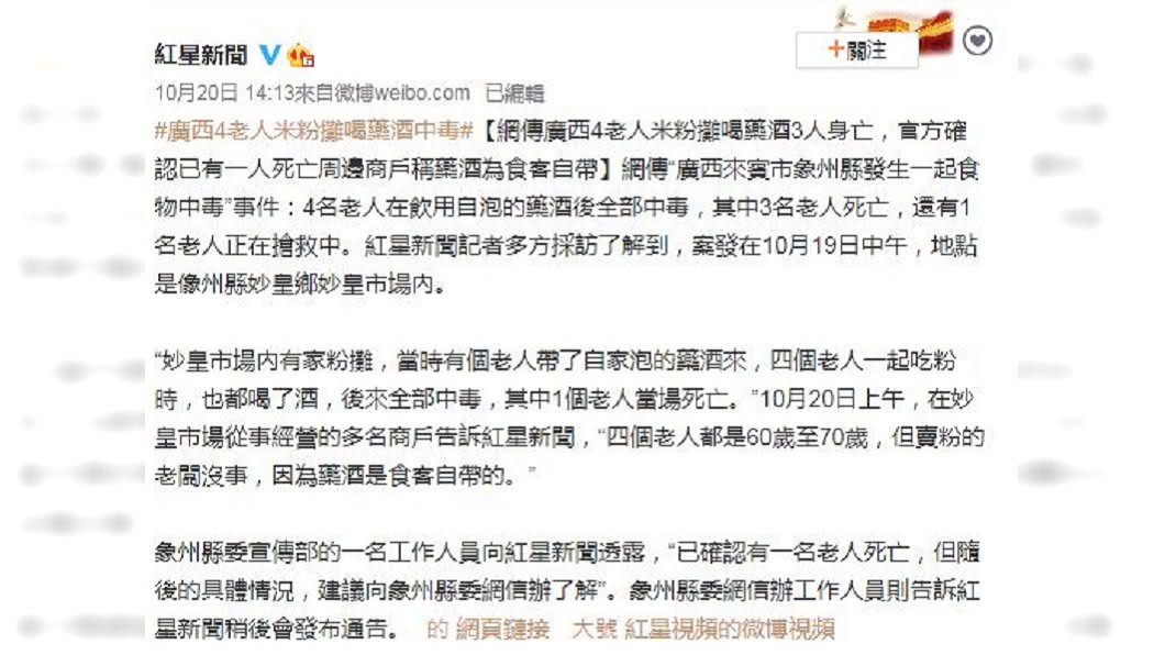廣西一名老翁分享自製藥酒和另外3名好友共飲，沒想到4人都昏倒在地，還有1人因此身亡。（圖／翻攝自紅星新聞微博）