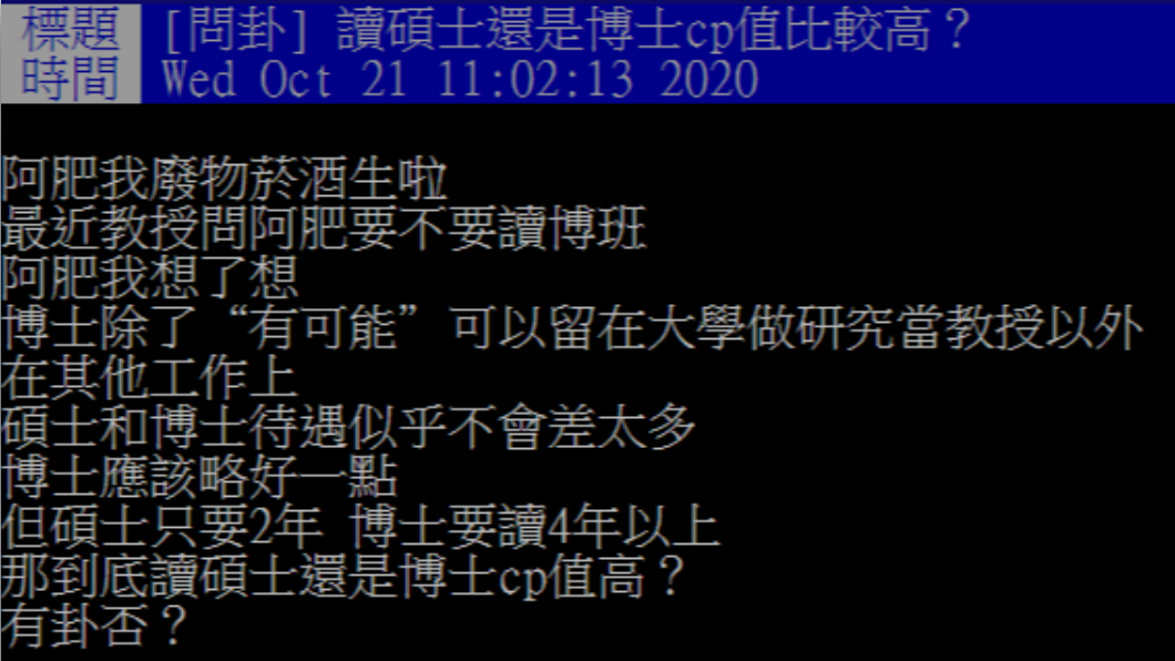 網友好奇念碩士及博士何者CP值較高。(圖/翻攝自PTT)