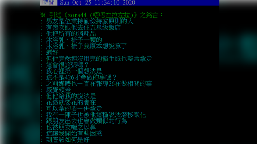 網友討論究竟飯店內的消耗品該不該拿。(圖/翻攝自PTT)