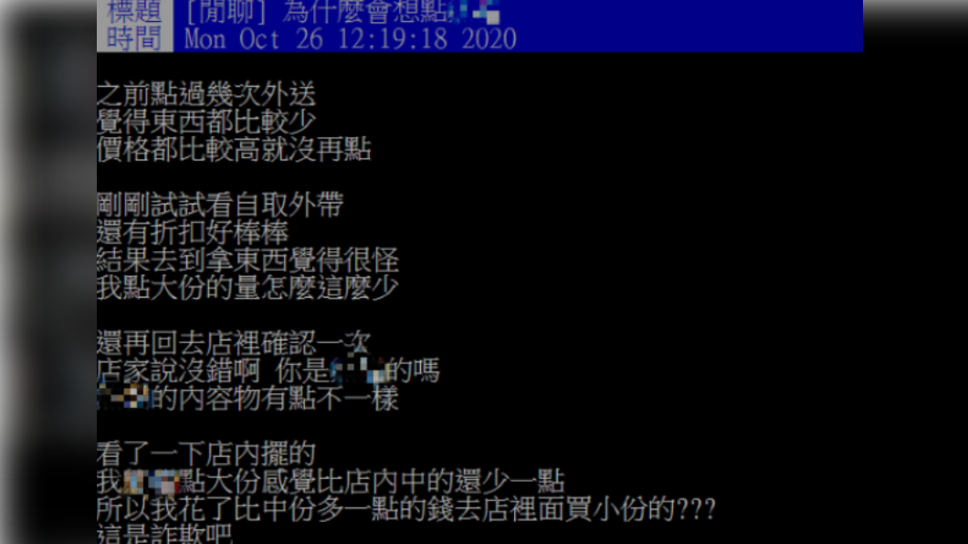 民眾發現在外送平台點外帶自取時份量疑似較店內少。（圖／網友授權提供）