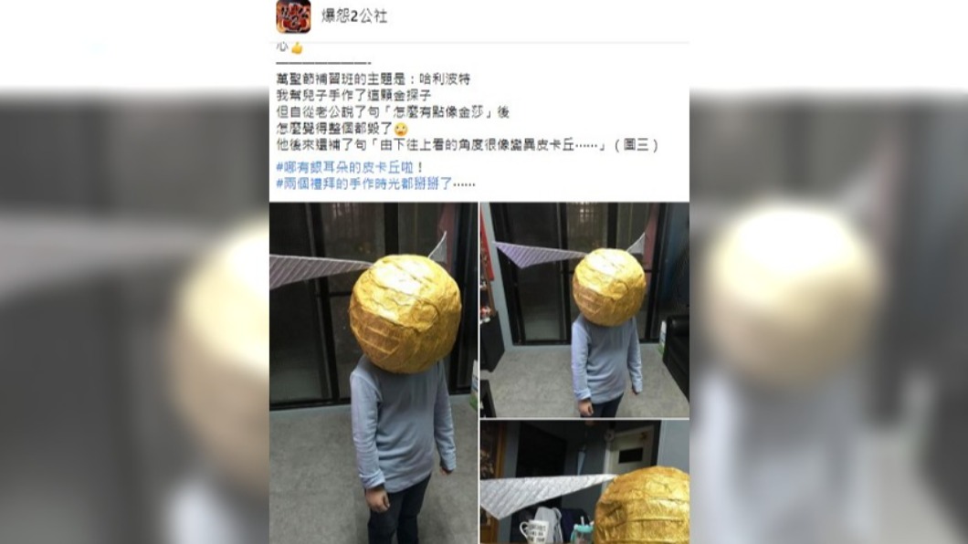 一名媽媽手作金探子頭套,卻被老公說像金莎。(圖/翻攝自臉書社團爆怨2公社)