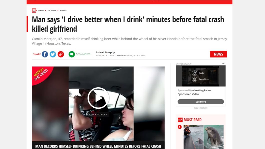 莫雷洪開車時不僅喝酒,還直播炫耀自己開車技術變好。(圖/翻攝自鏡報)